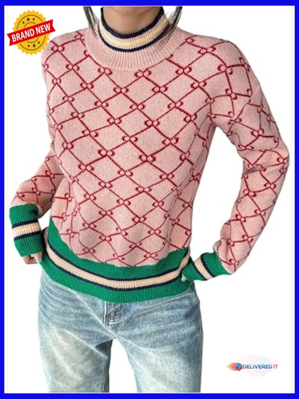 Women's Geometric Striped Knit Mock Neck Pullover Sweater Jumper